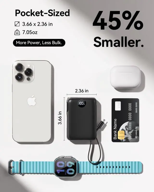 Alt view image 4 of 7 - Portable Charger Power Bank 10000mAh 45% Smaller Built-in Cables & AC Plug | Built-in Cables & AC Plug 22.5W Fast Charging 4-Device Charging Travel Essential for iPhone iPad & Galaxy Black