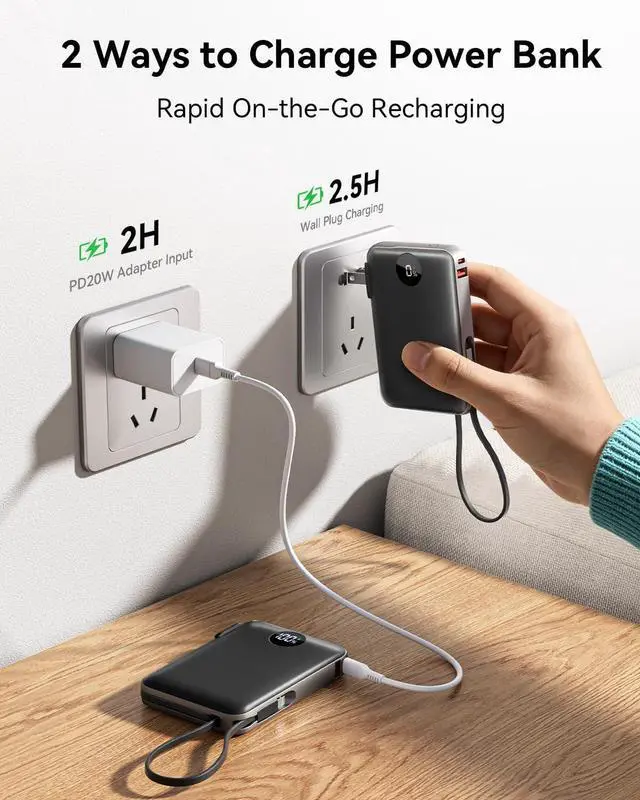 Alt view image 6 of 7 - Portable Charger Power Bank 10000mAh 45% Smaller Built-in Cables & AC Plug | Built-in Cables & AC Plug 22.5W Fast Charging 4-Device Charging Travel Essential for iPhone iPad & Galaxy Black