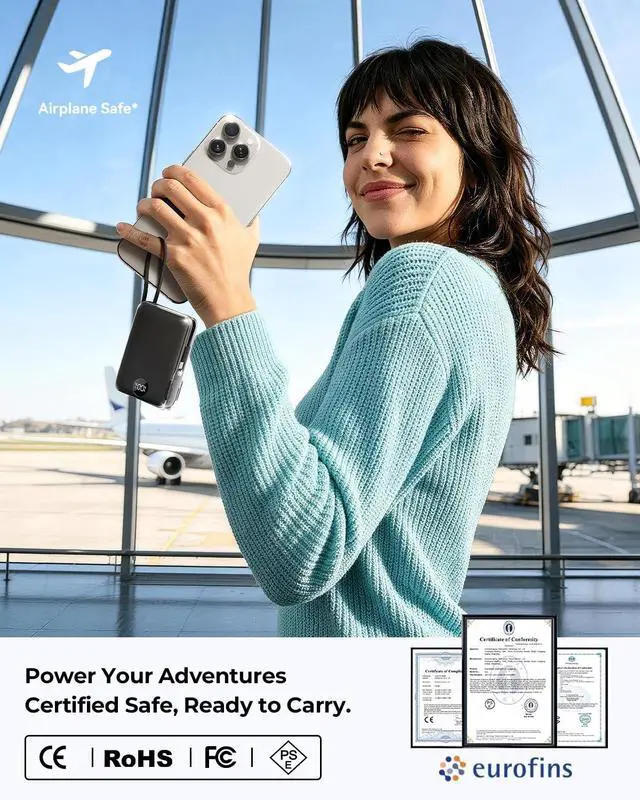 Alt view image 7 of 7 - Portable Charger Power Bank 10000mAh 45% Smaller Built-in Cables & AC Plug | Built-in Cables & AC Plug 22.5W Fast Charging 4-Device Charging Travel Essential for iPhone iPad & Galaxy Black