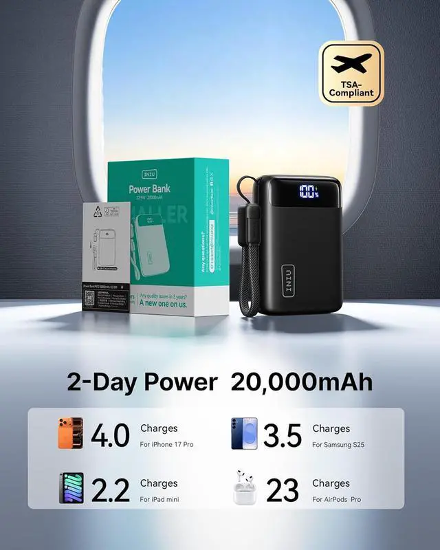Alt view image 5 of 7 - Portable Charger Smallest 20000mAh 22.5W Fast Charging Power Bank | USB-C Cable Flight-Safe Travel Essentials Flashlight Battery Pack for iPhone 17 Xiaomi Google Mini Size