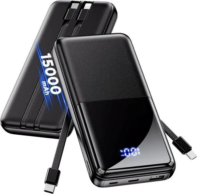 Main image of Portable Charger 15000mAh Slim Power Bank with Built in Cables | 22.5W Fast Charge Travel Essential 50% Larger Capacity USB C Battery Pack for iPhone Google Android Black