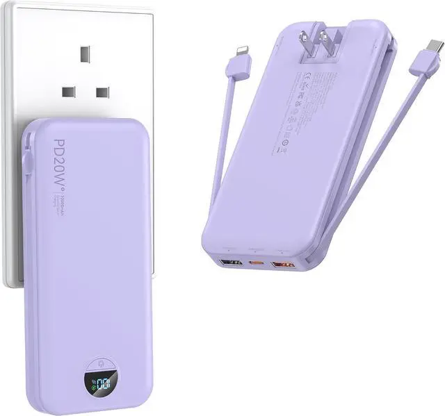 Main image of Portable Charger Power Bank 10000mAh PD20W w/Built-in Cables | Portable Phone Charger Fast charging Built in wall plug LED display Charge 5 devices at once Pass through charging