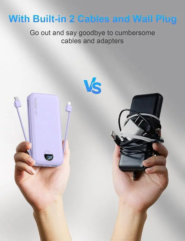Alt view image 2 of 7 - Portable Charger Power Bank 10000mAh PD20W w/Built-in Cables | Portable Phone Charger Fast charging Built in wall plug LED display Charge 5 devices at once Pass through charging