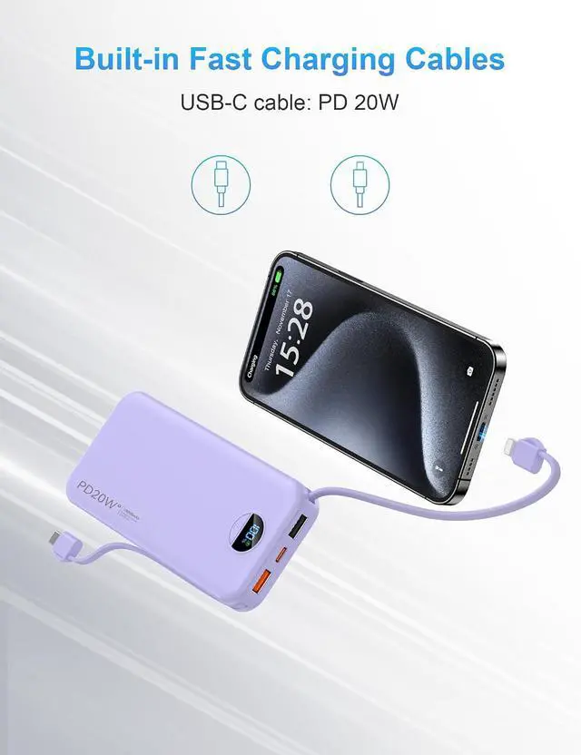 Alt view image 5 of 7 - Portable Charger Power Bank 10000mAh PD20W w/Built-in Cables | Portable Phone Charger Fast charging Built in wall plug LED display Charge 5 devices at once Pass through charging