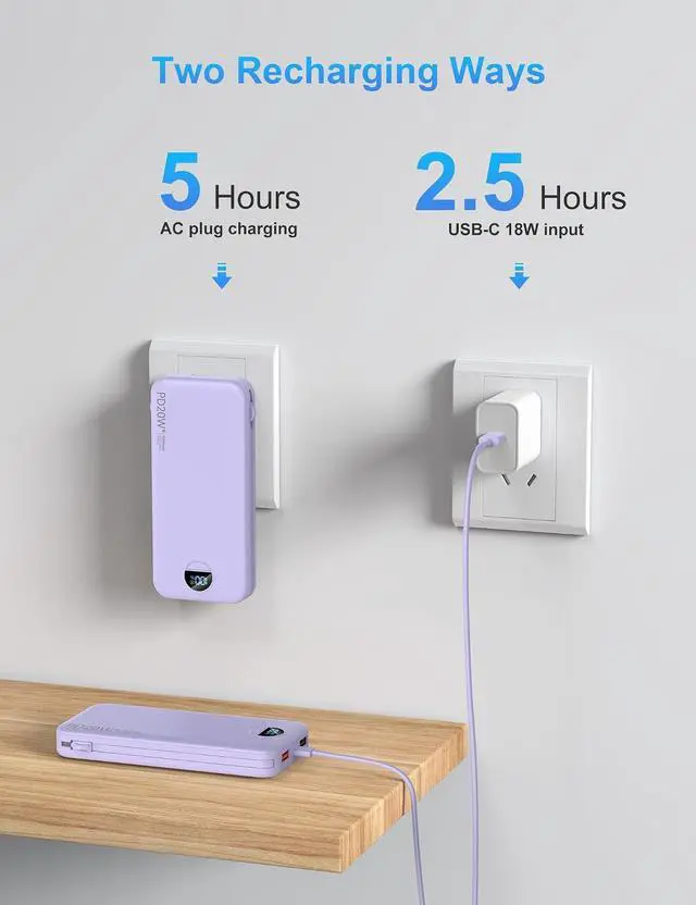 Alt view image 6 of 7 - Portable Charger Power Bank 10000mAh PD20W w/Built-in Cables | Portable Phone Charger Fast charging Built in wall plug LED display Charge 5 devices at once Pass through charging