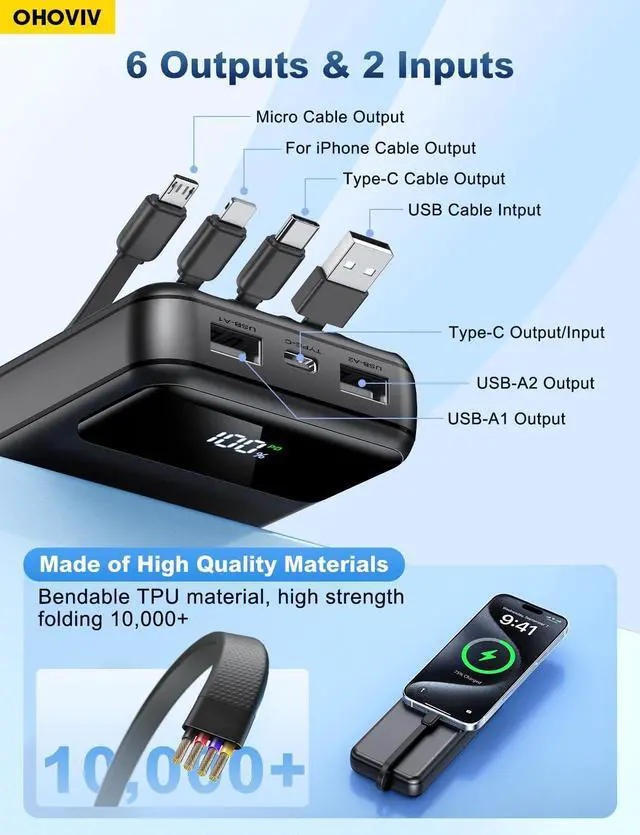 Alt view image 4 of 7 - Portable Charger Power Bank 50000mAh 4 Built-in Cables Battery Pack | 22.5W Fasting Charging Power 6 Devices Camping Travel Essential Portable Phone Charger compatible with iPhone Tablets