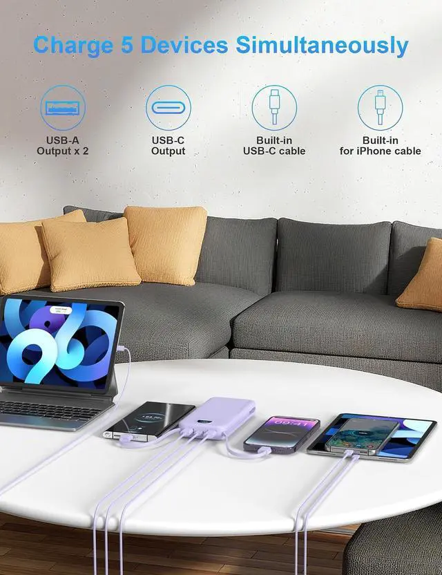 Alt view image 7 of 7 - Portable Charger Power Bank 10000mAh PD20W w/Built-in Cables | Portable Phone Charger Fast charging Built in wall plug LED display Charge 5 devices at once Pass through charging