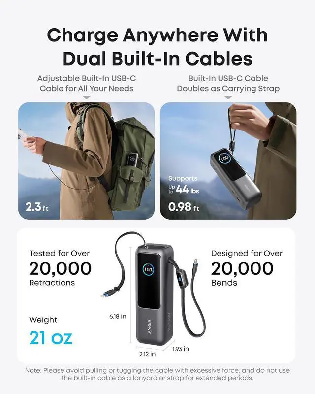 Alt view image 3 of 7 - Laptop Power Bank 25 000mAh Travel Essential with 165W Total Output | 3 USB-C Ports with 100W Max Each Built-In Retractable Cables Flight-Ready for iPhone 17 Series MacBook and More