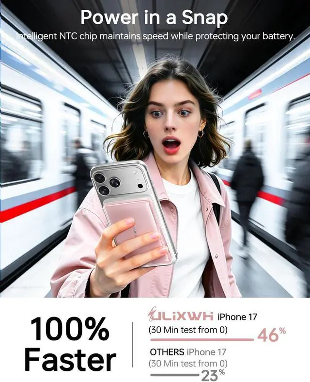 Alt view image 3 of 7 - Ultra-Slim 5000mAh Magnetic Wireless Power Bank for iPhone | Fast Portable Charger with USB C Charging for MagSafe Battery Pack for 17/16/15/14/13/12 Series Travel Essentials Pink