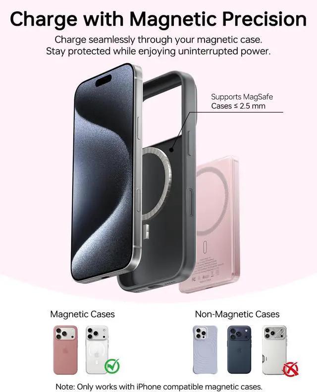 Alt view image 7 of 7 - Ultra-Slim 5000mAh Magnetic Wireless Power Bank for iPhone | Fast Portable Charger with USB C Charging for MagSafe Battery Pack for 17/16/15/14/13/12 Series Travel Essentials Pink