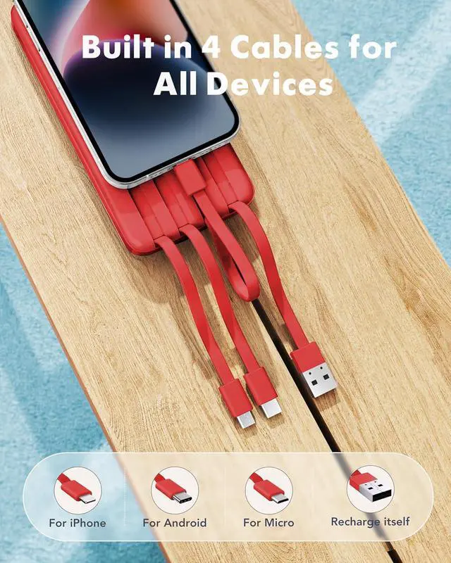 Alt view image 2 of 7 - Portable Charger with Built-in Cables X 4 Portable Phone Charger | 10000mAh USB C Battery Pack for All Phones Tablets Cables Reinforced Charge 6 Devices at Once for Women Teens Students