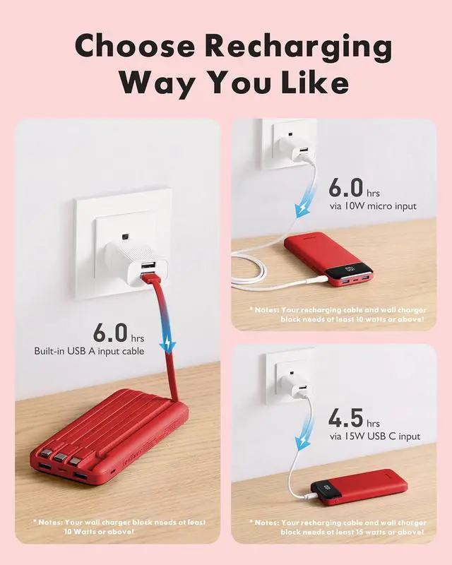 Alt view image 4 of 7 - Portable Charger with Built-in Cables X 4 Portable Phone Charger | 10000mAh USB C Battery Pack for All Phones Tablets Cables Reinforced Charge 6 Devices at Once for Women Teens Students