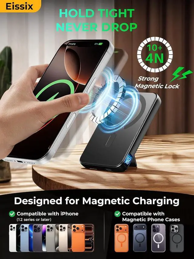 Alt view image 2 of 7 - Portable Charger 12000mAh Foldable Stand for Magsafe Power Bank | Flight-Safe 22.5W Fast USB-C & Magnetic Wireless Power 3 Devices LED Display for iPhone 17/16/15/14/13/12 Travel/Cruises