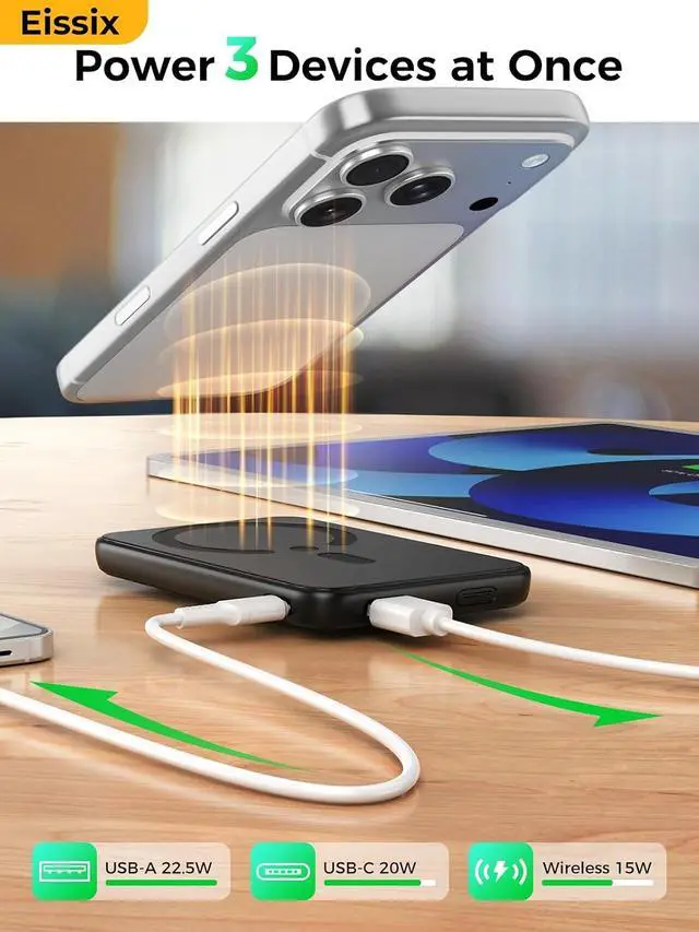 Alt view image 7 of 7 - Portable Charger 12000mAh Foldable Stand for Magsafe Power Bank | Flight-Safe 22.5W Fast USB-C & Magnetic Wireless Power 3 Devices LED Display for iPhone 17/16/15/14/13/12 Travel/Cruises