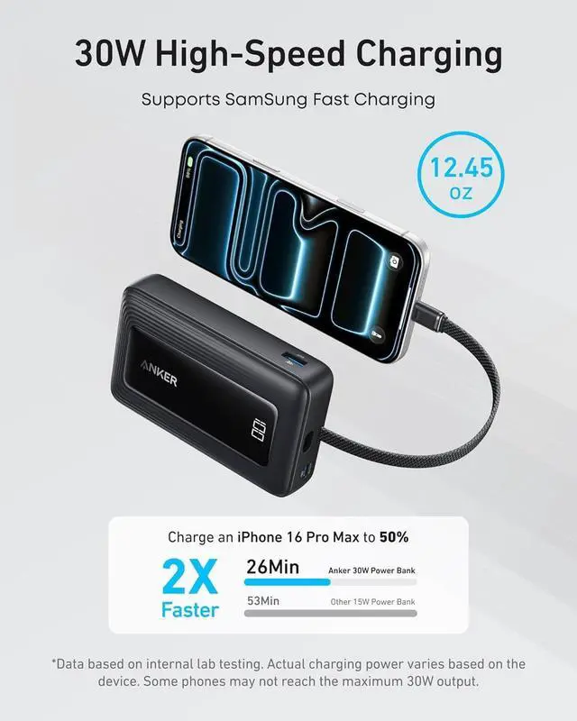 Alt view image 2 of 7 - Zolo Power Bank 20 000mAh 30W Portable Charger with Built-in USB-C | High-Speed Charging for iPhone 17 / 16 / 15 Series Galaxy and More
