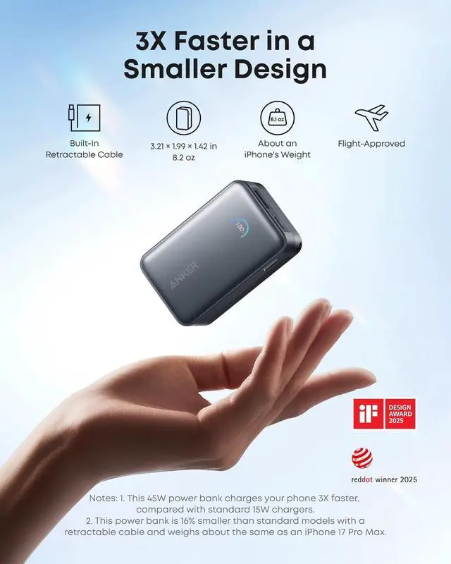 Alt view image 4 of 7 - Nano Power Bank 45W 10 000mAh Portable Charger iPhone Battery Pack | Built-In Retractable USB-C Cable for iPhone 17 / 16 Series iPad Galaxy Pixel and More Compact Travel Design