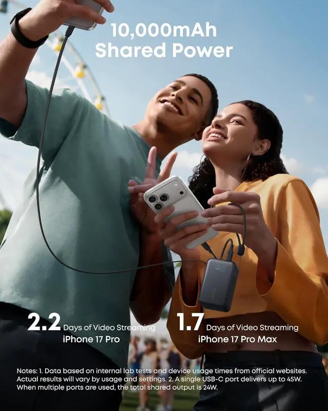 Alt view image 6 of 7 - Nano Power Bank 45W 10 000mAh Portable Charger iPhone Battery Pack | Built-In Retractable USB-C Cable for iPhone 17 / 16 Series iPad Galaxy Pixel and More Compact Travel Design