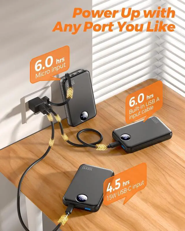 Alt view image 4 of 7 - Portable Charger 10000mAh with 4 Built-in Cables 40% Smaller | Power Bank Fast Charging Battery Pack LED Display Compact with Travel Charger for iPhone Other Devices-Black