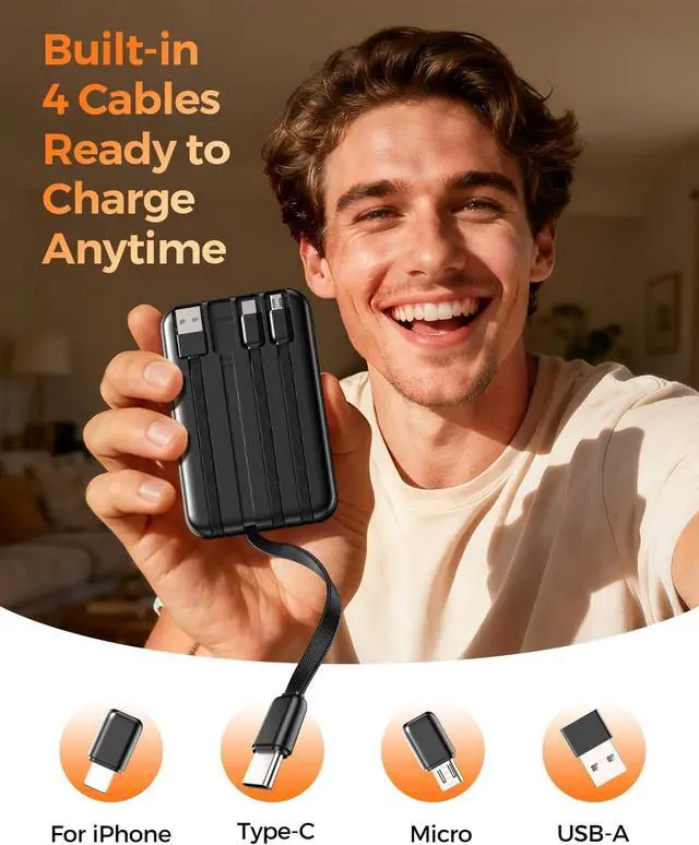 Alt view image 5 of 7 - Portable Charger 10000mAh with 4 Built-in Cables 40% Smaller | Power Bank Fast Charging Battery Pack LED Display Compact with Travel Charger for iPhone Other Devices-Black