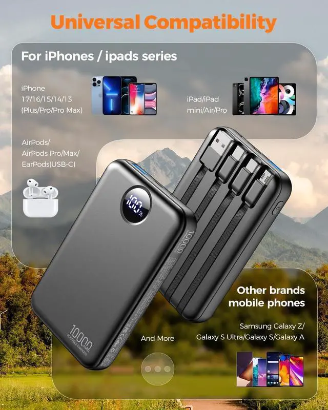 Alt view image 7 of 7 - Portable Charger 10000mAh with 4 Built-in Cables 40% Smaller | Power Bank Fast Charging Battery Pack LED Display Compact with Travel Charger for iPhone Other Devices-Black