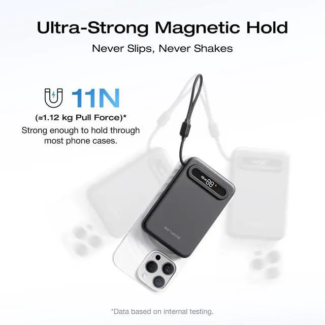 Alt view image 4 of 7 - Rapid Mag Power Bank Qi2.2 25W MagSafe-Compatible Portable Charger 10 000mAh Magnetic Power Charger with Built-in USB-C Cable and Foldable Stand for iPhone 17/16/15