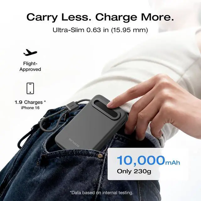 Alt view image 5 of 7 - Rapid Mag Power Bank Qi2.2 25W MagSafe-Compatible Portable Charger 10 000mAh Magnetic Power Charger with Built-in USB-C Cable and Foldable Stand for iPhone 17/16/15