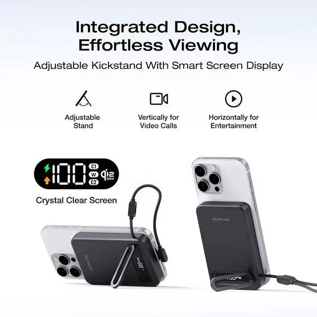 Alt view image 6 of 7 - Rapid Mag Power Bank Qi2.2 25W MagSafe-Compatible Portable Charger 10 000mAh Magnetic Power Charger with Built-in USB-C Cable and Foldable Stand for iPhone 17/16/15