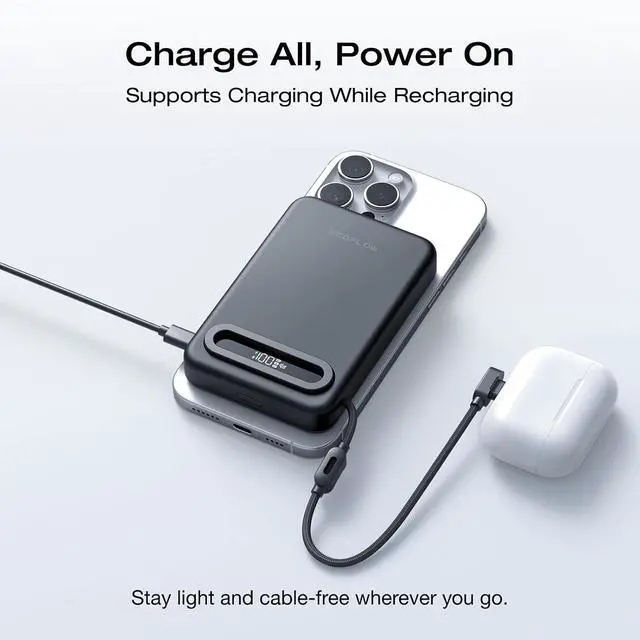 Alt view image 7 of 7 - Rapid Mag Power Bank Qi2.2 25W MagSafe-Compatible Portable Charger 10 000mAh Magnetic Power Charger with Built-in USB-C Cable and Foldable Stand for iPhone 17/16/15