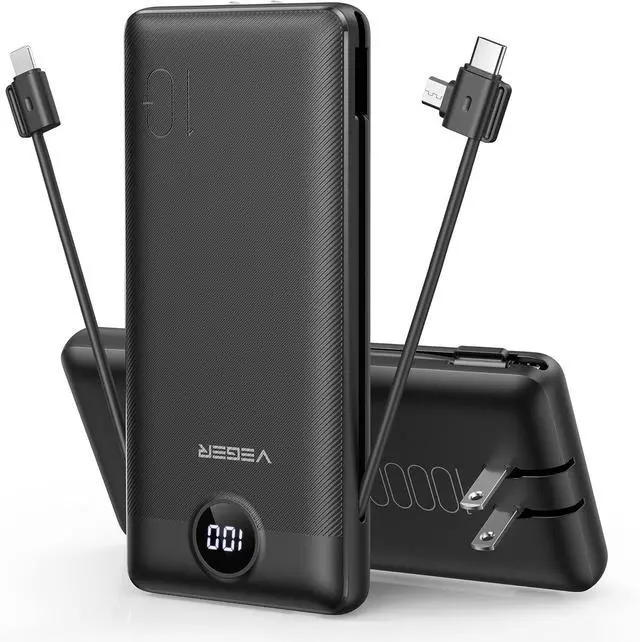 Main image of Portable Charger for iPhone Power Bank Built in Cable and Wall Plug | 10000mAh All in One USB C External Battery Pack Travel Essentials Compatible with iPhone iPad Android Black
