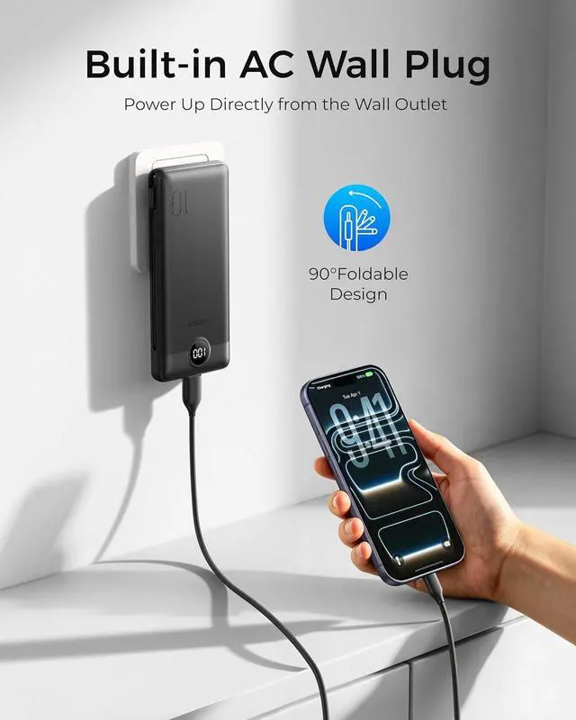 Alt view image 2 of 7 - Portable Charger for iPhone Power Bank Built in Cable and Wall Plug | 10000mAh All in One USB C External Battery Pack Travel Essentials Compatible with iPhone iPad Android Black