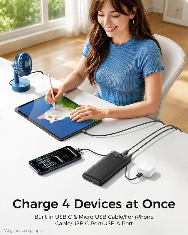Alt view image 3 of 7 - Portable Charger for iPhone Power Bank Built in Cable and Wall Plug | 10000mAh All in One USB C External Battery Pack Travel Essentials Compatible with iPhone iPad Android Black