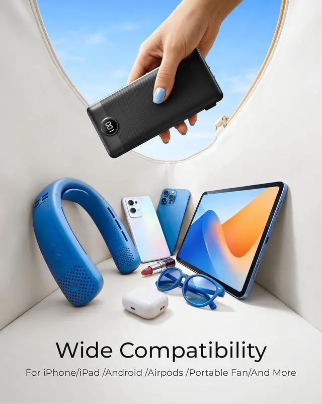 Alt view image 4 of 7 - Portable Charger for iPhone Power Bank Built in Cable and Wall Plug | 10000mAh All in One USB C External Battery Pack Travel Essentials Compatible with iPhone iPad Android Black