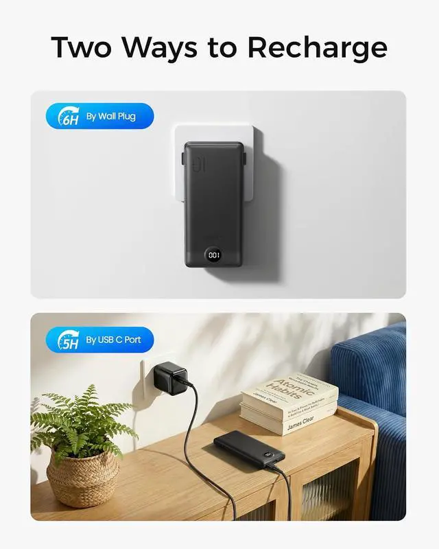 Alt view image 5 of 7 - Portable Charger for iPhone Power Bank Built in Cable and Wall Plug | 10000mAh All in One USB C External Battery Pack Travel Essentials Compatible with iPhone iPad Android Black