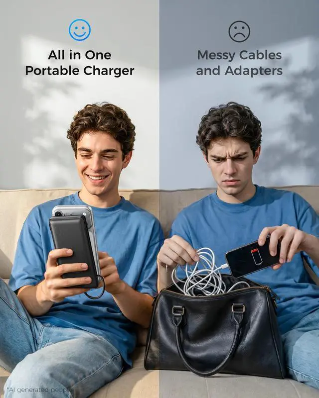 Alt view image 6 of 7 - Portable Charger for iPhone Power Bank Built in Cable and Wall Plug | 10000mAh All in One USB C External Battery Pack Travel Essentials Compatible with iPhone iPad Android Black