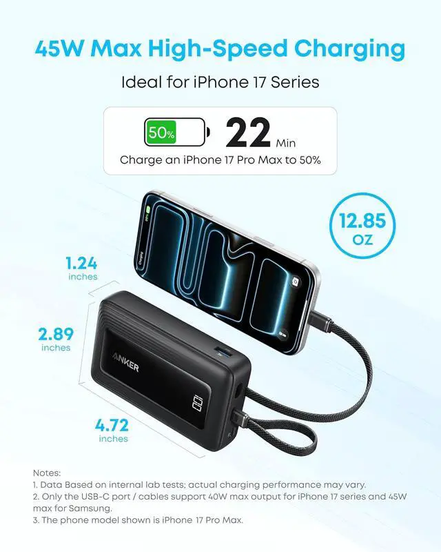 Alt view image 4 of 7 - Power Bank 20 000mAh 45W Portable Charger Dual Built-in USB-C Cables | 20 000mAh Battery Pack with Dual Built-In Cables USB-C and USB-A Ports for iPhone 17 / 16 Series Galaxy MacBook and More