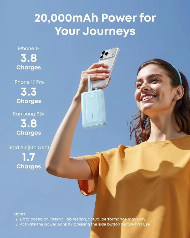 Alt view image 5 of 7 - Power Bank 20 000mAh 45W Portable Charger Dual Built-in USB-C Cables | 20 000mAh Battery Pack with Dual Built-In Cables USB-C and USB-A Ports for iPhone 17 / 16 Series Galaxy MacBook and More