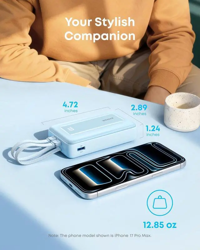 Alt view image 6 of 7 - Power Bank 20 000mAh 45W Portable Charger Dual Built-in USB-C Cables | 20 000mAh Battery Pack with Dual Built-In Cables USB-C and USB-A Ports for iPhone 17 / 16 Series Galaxy MacBook and More