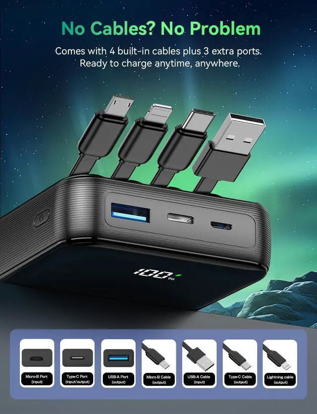Alt view image 7 of 7 - 50000mAh Portable Charger 50% Smaller Fast Charging Built-in 4 Cables | Charges 5 Devices 9.1x for iPhone 17 LED Display Ideal for Hiking Camping for iPhone 17-12 for /Android/iPad