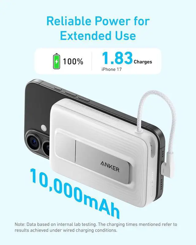 Alt view image 4 of 6 - Zolo Magnetic Power Bank 10 000mAh Wireless Portable Charger | Magnetic Battery Pack with 30W Max Fast Charging Built-in USB-C Cable and Adjustable Stand for iPhone 17/16/15 Series