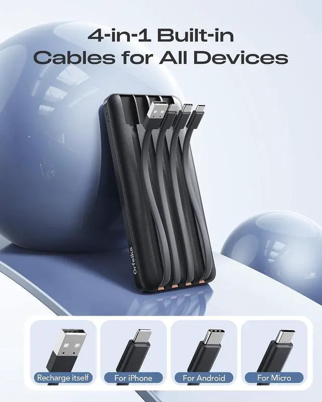 Alt view image 3 of 7 - 20000mAh Power Bank Fast Charging Portable Charger with 4 Built-in Cables & 6 Outputs 20W PD USB C Battery Pack Compatible with iPhone 16/15 Galaxy Android iPad & More (Travel Essential)