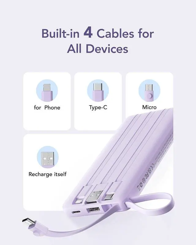 Alt view image 3 of 7 - Portable Charger Power Bank USB C Battery Pack 10000mAh Flight-Safe Travel Essentials 5 Outputs 2 Inputs Slim Phone Charging Bank Built-in Cables for Multi Devices-Lavender(1 Pack)