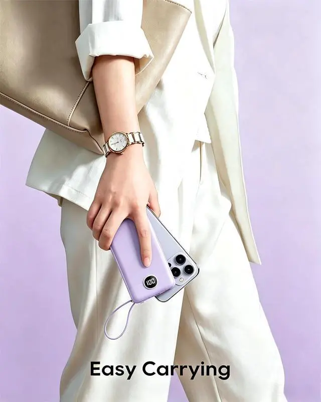 Alt view image 4 of 7 - Portable Charger Power Bank USB C Battery Pack 10000mAh Flight-Safe Travel Essentials 5 Outputs 2 Inputs Slim Phone Charging Bank Built-in Cables for Multi Devices-Lavender(1 Pack)