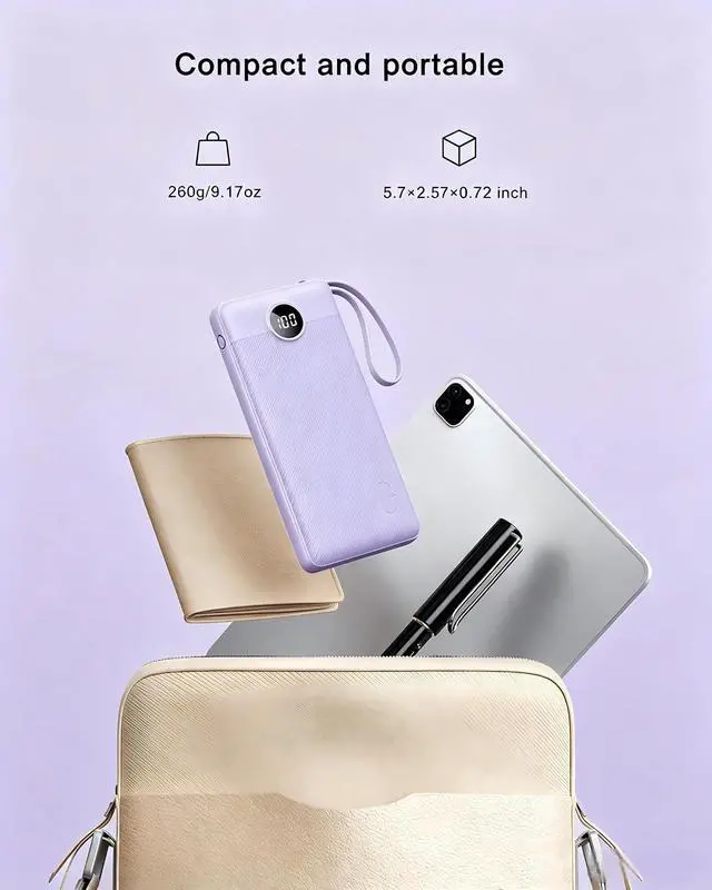 Alt view image 5 of 7 - Portable Charger Power Bank USB C Battery Pack 10000mAh Flight-Safe Travel Essentials 5 Outputs 2 Inputs Slim Phone Charging Bank Built-in Cables for Multi Devices-Lavender(1 Pack)