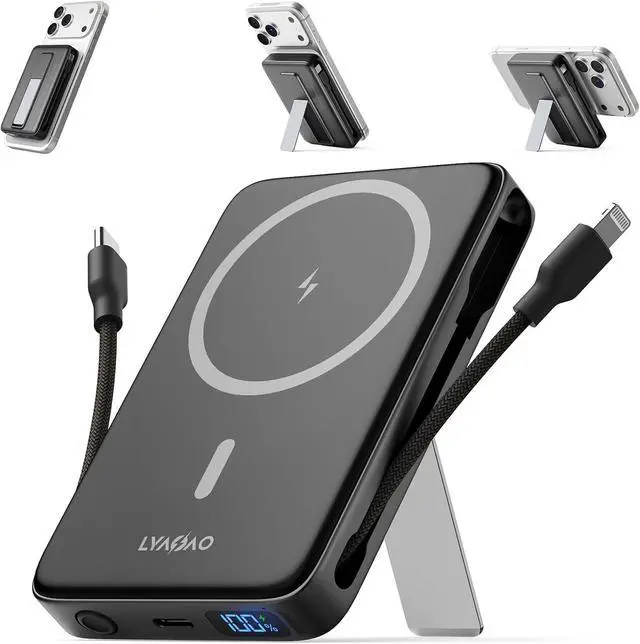 Main image of No More Forget Cables! 10000mAh Ultra Slim Magnetic Power Bank Built-in USB-C & iPhone Cable 20W Portable Charger with Foldable Stand for iPhone 17/16/15/14/13/12 Series