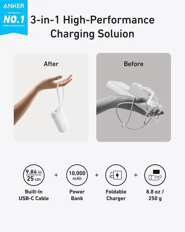 Alt view image 2 of 6 - Nano 3-in-1 Portable Charger 10 000mAh 30W Travel Power Bank | Battery Pack with Built-In USB-C Cable and Foldable Wall Plug for iPhone 17 / 16 / 15 Series (Black)