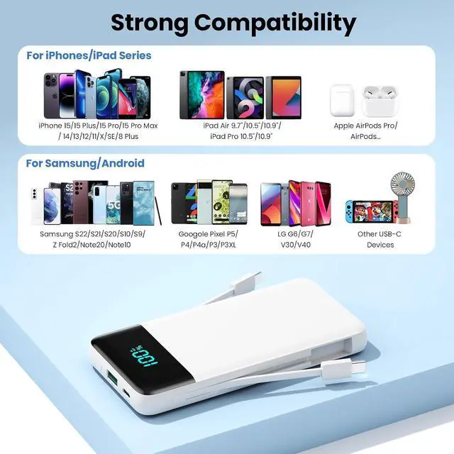 Alt view image 7 of 7 - Portable Charger for iPhone 13800mAh Slim Power Bank with Built-in Cables & AC Wall Plug All in One 4 Outputs USB C Fast Charging Battery Pack Travel Essential for iPhone 17/16/15/14 Android (White)