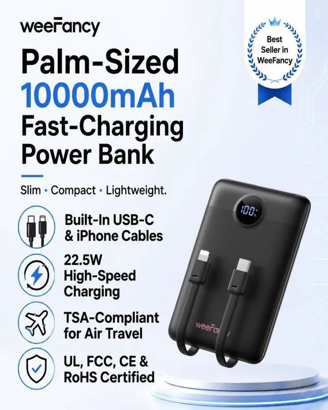 Alt view image 2 of 7 - Compact Portable Charger 10000mAh with Built-in Cables | 22.5W Fast Charging Power Bank Smaller Battery Pack for iPhone Android Flight & Travel-Friendly TSA-compliant