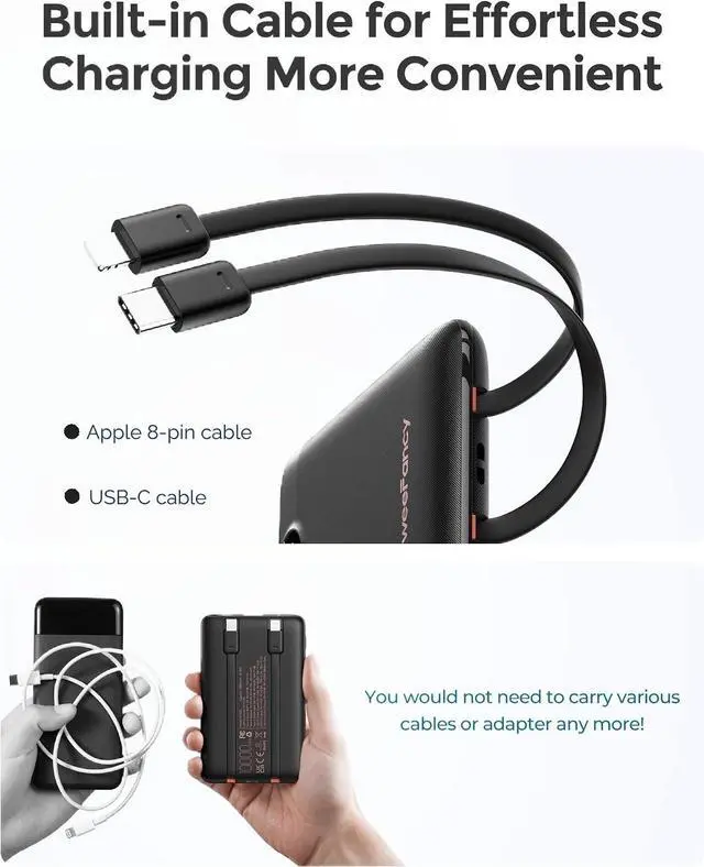 Alt view image 7 of 7 - Compact Portable Charger 10000mAh with Built-in Cables | 22.5W Fast Charging Power Bank Smaller Battery Pack for iPhone Android Flight & Travel-Friendly TSA-compliant