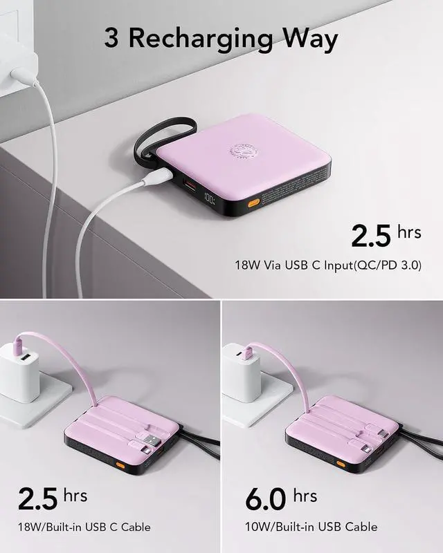 Alt view image 4 of 7 - Portable Charger 10000mAh Battery Pack Cell Phone Power Bank Purple | Built-in Cables 22.5W Fast Charging Slim Travel Essentials Airline-Approved for iPhone 17/16/15 Series Android