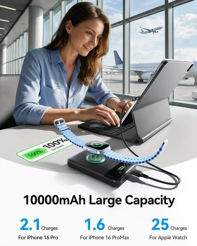 Alt view image 5 of 7 - for Magsafe Portable Charger 10000mAh USB-C 22.5W Power Bank Black | Travel Essentials Wireless Magnetic Battery Pack Fast Charging Compatible with iPhone 17/16/15/14 Watch Ultra/11/10